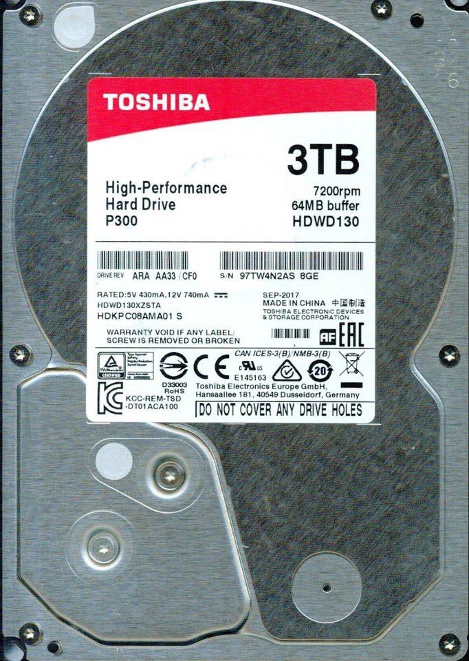 HDWD130XZSTA,  ARA AA33/CF0  TOSHIBA SATA  3TB  SEP 2017 - Image 1 of 1