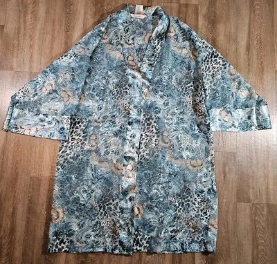 Women's Delicates Size M Blue Paisley Satiny Slip Nightie Matching Robe Set - Image 1 of 4