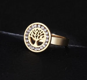 Gold Damen Lebensbaum Titan Edelstahl Mode Kristall Ring Größe O - Bild 1 von 4