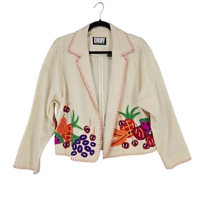 Giacca Blazer Vintage DKNY Donna Collezione Runway Lana Bianco Frutta XS Small - Foto 1 di 7