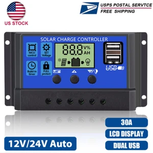 30A Solar Panel Battery Charge Controller 12V/24V LCD Regulator Auto Dual USB US - Picture 1 of 9
