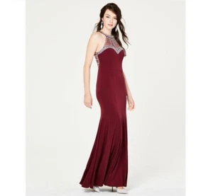 Say Yes To The Prom Junior Womens 5 Wine Jewel Embellished Mesh Halter Gown NWT - Picture 1 of 6