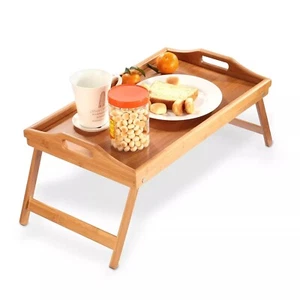 Adjustable Bamboo Bed Tray Lap Desk Serving Table Folding Legs Breakfast Table - Picture 1 of 6