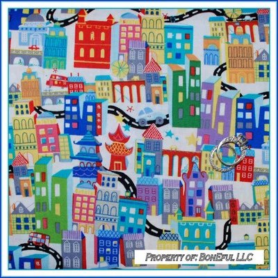 BonEful Fabric FQ Cotton Quilt Scenic City China Town Car Epcot Map Disney World - Image 1 of 4