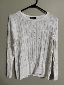 Cable & Gauge White Cable Knit Sweater Pearl Embellishment Size Medium - Picture 1 of 7