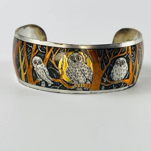 BRACELET manchette vintage hibou roseau et barton DAMAS ; hiboux forêt arbres pleine lune - Photo 1/5