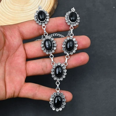 Onice Nera Gemma Artigianale 925 Sterling Argento Gioielli Collana - Immagine 1 di 4