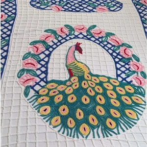 Vintage Chenille Peacock Bedspread White Blue Pink Green Floral 89.75" x 102.5" - Picture 1 of 14