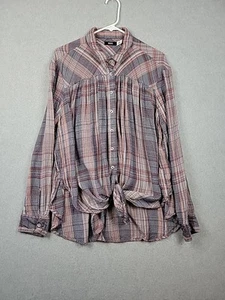 BDG Melanie Pink Gray Plaid Oversized Button Up Knotted Front Shirt Womens Large - Picture 1 of 13