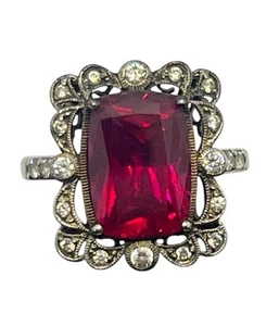 Art Deco style red rectangle glass stone CZ sterling silver vintage ring size 10 - Foto 1 di 21