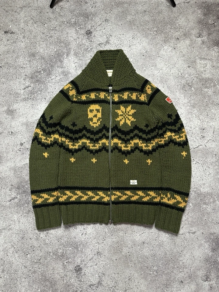 Cardigã Diesel Rockstar lã malha suéter verde zíper caveira estilo japonês raro P  - Imagem 1 de 4