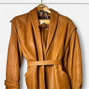Mode Peer Tostado/Marrón Vintage Años 80 Cuero Chaqueta Traje y Pantalón con Cinturón Pequeño - Imagen 1 de 8