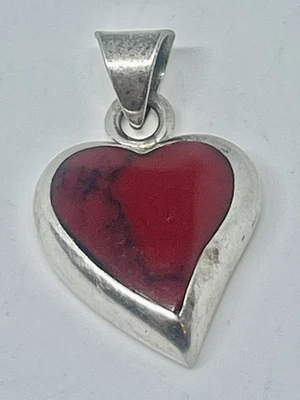 ATI Red Jasper Sterling Heart Pendant 925 Silver Mexico Mexican Vintage Jewelry  - Image 1 of 4