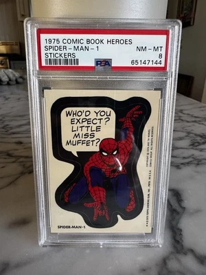 1975 Topps Marvel Comic Book Heroes Sticker Spider Man 1 Graded PSA 8 - Image 1 of 2