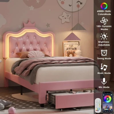 Marco de cama tamaño doble princesa rosa LED niño niña dormitorio cama para niña Foto 1 de 4