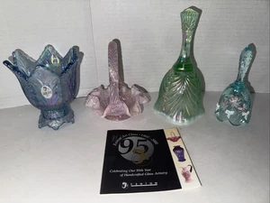 Campane in vetro Fenton dipinte a mano, mini cesto, portacandele lotto di 4 vintage - Foto 1 di 8