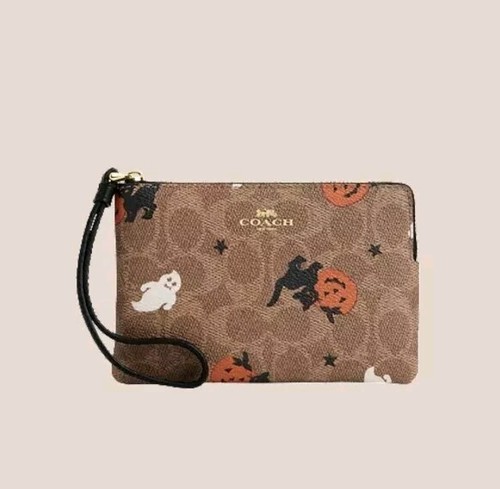 Braccialetto COACH Angolo Zip Firma Tela Stampa Halloween Gatto Fantasma NUOVO LIMITATO