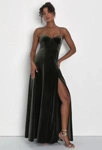 New lulus Soiree of Love Olive Green Velvet Sleeveless Bustier Maxi Dress L - Picture 1 of 6