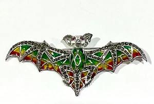Sterling Silber Plique a Jour Rubin Markasit Vampir Fledermaus Statement Brosche 3" Anstecknadel - Bild 1 von 7