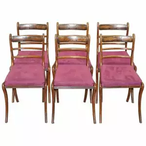 STUNNING SUITE OF 6 REGENCY MAHOGANY BERGERE DINING CHAIRS VELVET CHESTERFIELD - Picture 1 of 12