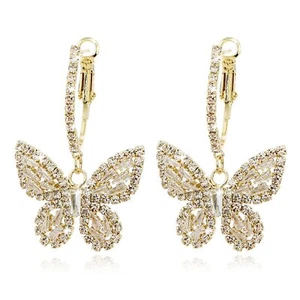 Rhinestone Butterfly Hoop Earrings for Women Crystal Cz Butterfly Drop Earrings - Picture 1 of 7