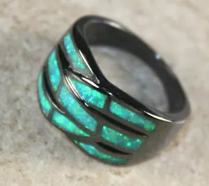 Anello grande NERO ARGENTO elegante opale di fuoco verde misura 10, WR40402 - Foto 1 di 3
