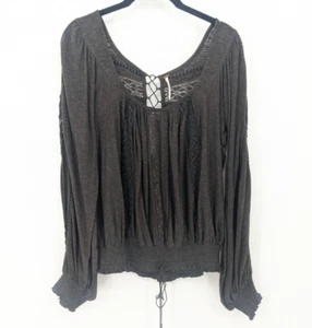 Free People Top Womens Large Brown Crochet Smocked Boho Renaissance Blouse - Picture 1 of 11
