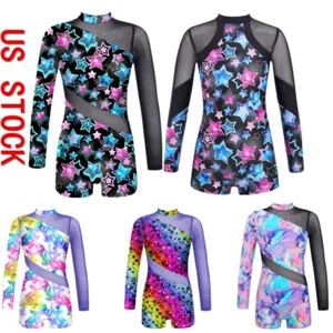 Kids Girls Bodysuit Mesh Patchwork Printed Jumpsuit Dance Gymnastics Leotards - Picture 1 of 24
