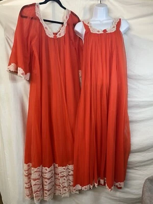 Conjunto de vestido vintage lingerie glamourosa S vermelho chiffon renda peignoir casa de campo EUA - Imagem 1 de 4