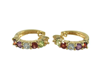 .925 Sterling Silver Rainbow Gemstone Earrings Yellow Gold Plated Hoop Huggie - Image 1 of 2
