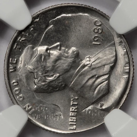 1980 NGC MS66 Lincoln Cent Struck On Struck Dime Double Denomination Mint Error Cover