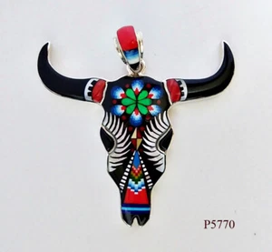 AMAZING TURQUOISE SPINY ONYX OPAL SPINY ONYX INLAY .925 SILVER BUFFALO PENDANT - Picture 1 of 4