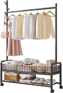 Clothes Rack Clothing Rack Rolling Organizer with Wheels Bottom Shelves Double T - Picture 1 of 7