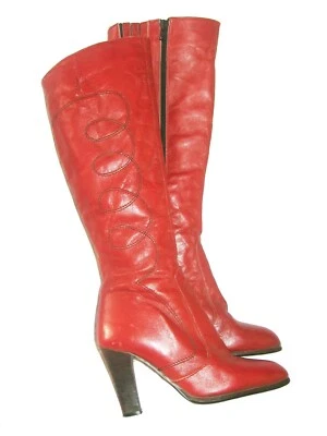 复古 Spain Burnt 橙色黑色对比针皮革迪斯科波西米亚靴 6.5 M — 第 1/4 张图片