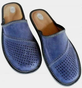 Mens Slippers size 8, 9, 10, 11, Leather Warm Comfort Slip On Mules Sandals Navy - Picture 1 of 2