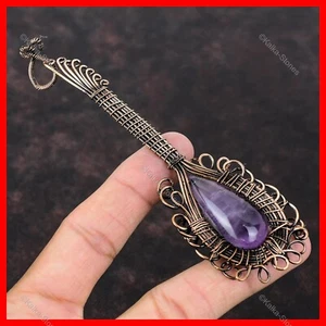 Copper African Amethyst Gemstone Wife Guitar And Wire Wrapped Pendant Jewelry - Picture 1 of 6
