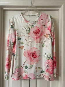 White Rose Floral Short Long Sleeve Shirt – Women’s Plus Size XXL - Picture 1 of 2
