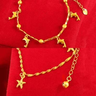 Conjunto de 2 tornozeleiras de praia de sino de golfinho camada folheada a ouro 18K ajusta 8" 10" - Imagem 1 de 4