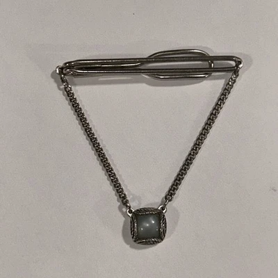 Vintage Swank Silver Tie Bar with Pearlescent Blue Chain Accent - Image 1 of 2