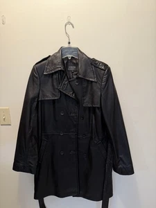 Izod Black Leather Short Trenchcoat Size M, Belted Double Breasted Pockets - Picture 1 of 14