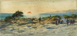 Pintura acuarela Pierre Comba (1859-1934) - Militar francés - Puesta de sol costera - Imagen 1 de 11