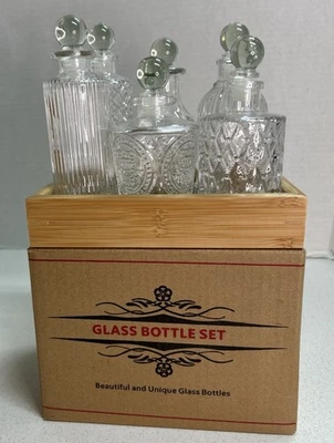 Set of 6 Coffee Water Cocktail Bar Syrup Glass Bottle Dispensers Wooden Tray - Image 1 of 4