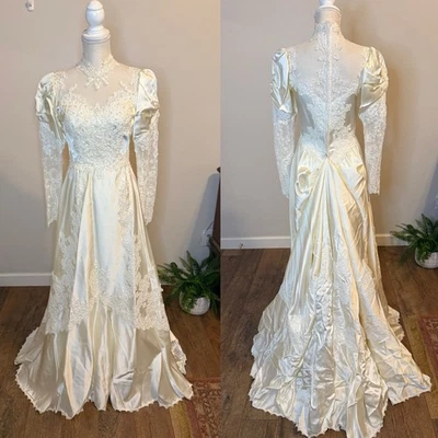 Union Made 80’s Satin Lace Wedding Dress High Neck, Puff Sleeves, Bustle Sz 8 - Image 1 of 4
