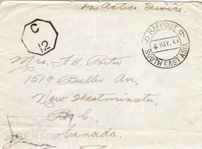 RAF Post/9/South East Asia /9 To BC  Canada 4 May/44 - Image 1 of 2