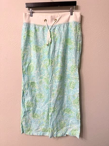 Lilly Pulitzer 100% Linen The Beach Pant size L green/blue crab print great! - Picture 1 of 14