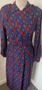 Vintage 1980s Gothic Design Purple/red Cross Print Design Day Dress - Size 12 - Picture 1 of 15