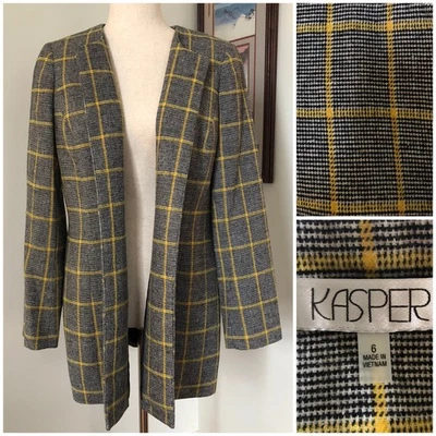 Chaqueta Blazer Kasper Amarillo Ventana Cuadros Frente Abierto 6 Mediana Longline Carrera Foto 1 de 4
