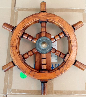 Vintage Wood Brass Ships Wheel Boat Nautical 18” Wooden Heavy Spins - Image 1 of 4