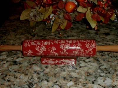 TEMPTATIONS FLORAL RED LACE ROLLING PIN AND HOLDER - Image 1 of 4