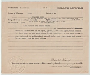 1931 Ford, Kansas Haftbefehl gegen Jack Fiscus, Grace Smith Sex außer Ehe - Bild 1 von 3